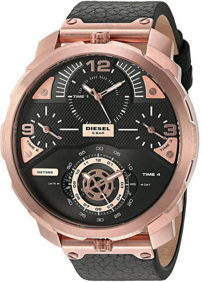 DIESEL ディーゼル 腕時計4つの時間を一気に表示 クアドラプルローズゴールド×ブラックデジタル＆アナログメンズウォッチ日常生活防水 4タイムゾーンブラックレザーベルト ラウンドシェイプRose Gold Case Quartz Men's Watch