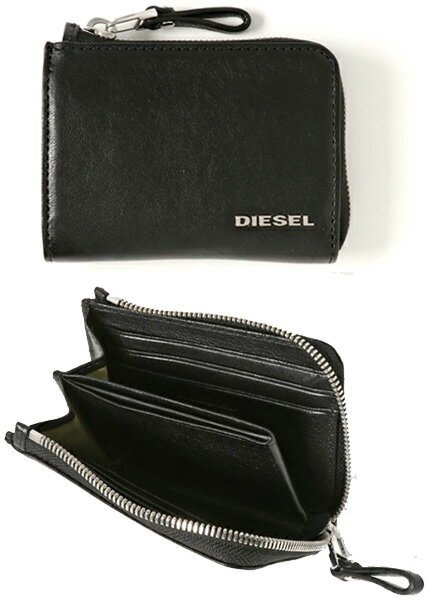 DIESEL 財布ディーゼル コインケースL字ファスナー小銭入れソフトシープレザーパスケース コンパクトウォレットメタルロゴ ブラックカードケース 名刺入れさいふ サイフ