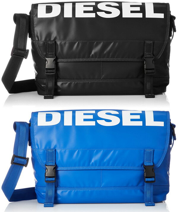 DIESEL ディーゼル斜め掛けショルダーバッグブルー ブラック ホワイトロゴフラップクロスボディーバッグ ボールドメッセージメッセンジャーバッグ かばん バック 鞄 カバン