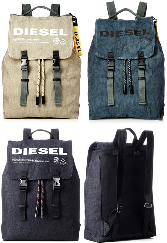 DIESEL リュックサックディーゼル デイバッグ バックパックモヒカングラフィック＆ビッグロゴベージュ デニムブルー ダークインディゴブルーT8175BET6068IBLBKT6065DBLWHカモフラージュブルー デイバックドローストリング スクエアシルエット