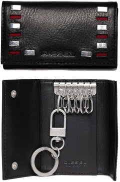 DIESEL ディーゼル エンボスロゴキーリング付き6連キーケースブラック×シルバー×ワインレッド型押しレザーサイボーグカラビナフック付きキーホルダーメタルパーツ×透かしトリミングCROCO LEATHER HOLDER key holder