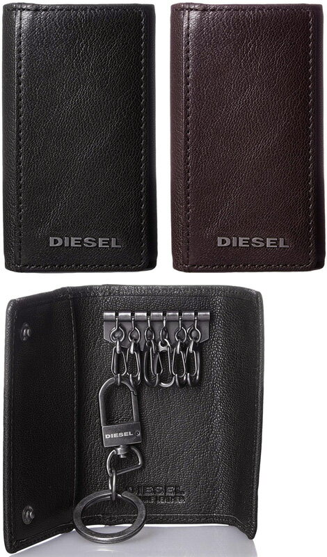 DIESEL ディーゼル メタルロゴキーリング付き6連キーケースブラック ダークブラウンカラビナフック付きキーホルダーガンメタシルバーソフトゴートレザー T8013BKT2189DBR KEYHOULDER