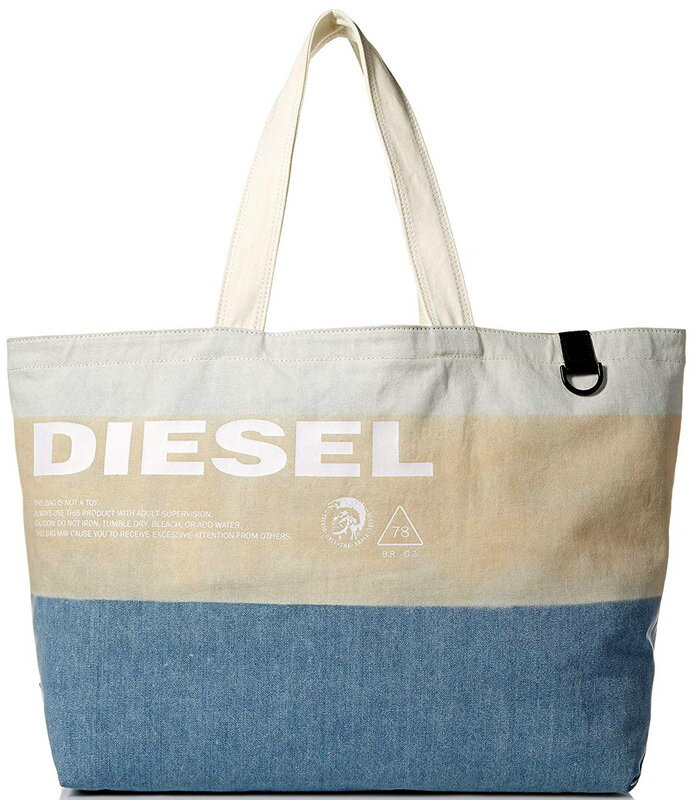 DIESEL　ディーゼルアイシーカラーショッピングトートバッグホワイトロゴ モヒカンプリントデニムブルー生地×ベージュ×ホワイトオールシーズン使えるシンプルスタイルショルダーバッグ かばん 鞄 カバンSHOPPING TOTE BAG H7065WHBEBL