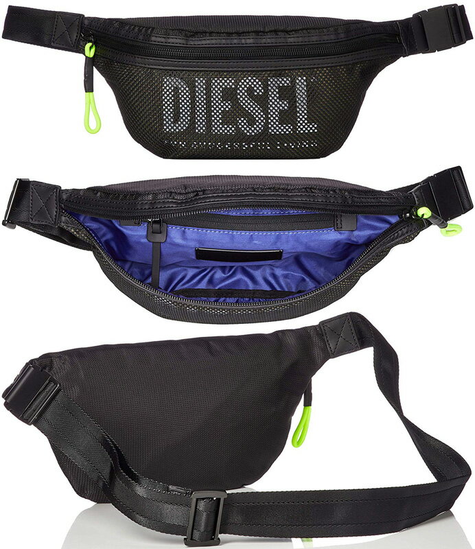 DIESEL ディーゼル ウエストポーチブラック ボディーバッグブラインドメッシュロゴウエストバッグ ヒップバッグイエローネオンカラージッパープルマテリアルミックス異素材ミックスデザイン鞄 カバン かば ん BELBODYBAG H2721BK