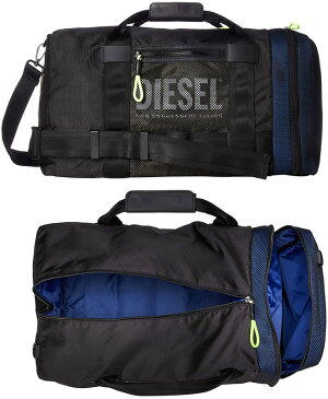 DIESEL BOSTON BAGディーゼル ボストンバックブラック×ブルー イエローアクセントコンビネーションマテリアルメッシュフロントポケットショルダーバッグ 旅行用鞄ダッフル カバン バック トラベルバッグH2721BKBL TRAVELLER travel bag