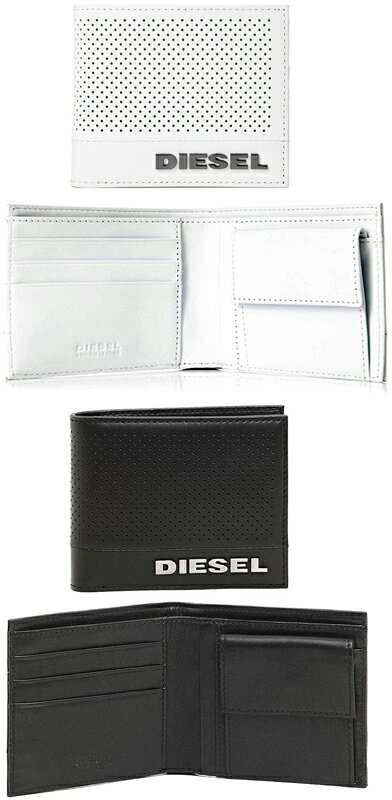 ディーゼル 革二つ折り財布 メンズ DIESEL ディーゼル小銭入れ付き2つ折り財布パンチングブラックスムースレザーシルバービッグメタルロゴ二つ折り財布ウォレットT8013BK HIRESHS