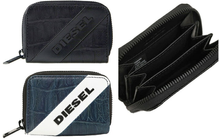 ディーゼル 財布（メンズ） DIESEL ディーゼル ブラックメタルロゴメンズ 小銭入れランウンドファスナーコインケースブラック ネイビーブルー×ホワイトスラッシュライン財布 コンパクトレザーウォレットT6331BLT8013BK