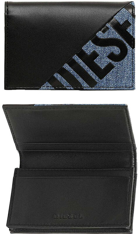 DIESEL ディーゼル二つ折りカードケースカラーブロックフラップ付き財布 さいふ サイフミックスマテリアルブラックカーフレザー×デニムブルー名刺入れ クレジットカードH1146BKBL CARD CASE WALLET