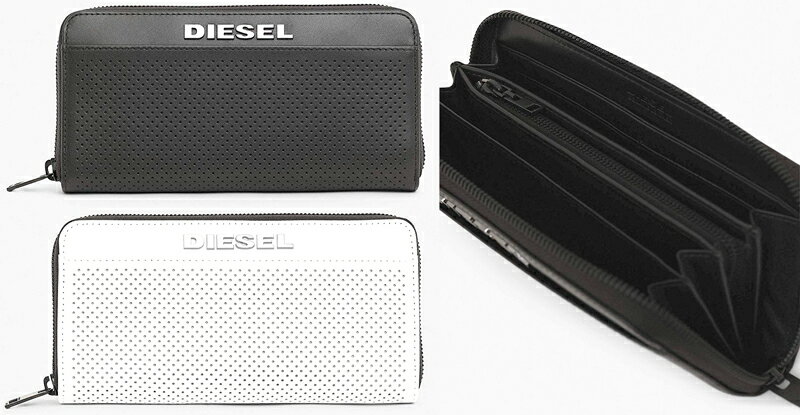 ディーゼル 長財布（メンズ） DIESEL ディーゼル 小銭入れ付きラウンドファスナー長財布メタルロゴ パンチングスムースカーフレザーブラック ホワイトロングジップウォレット24ZIPWHT1003BK SMOOTHCOWLEATHER