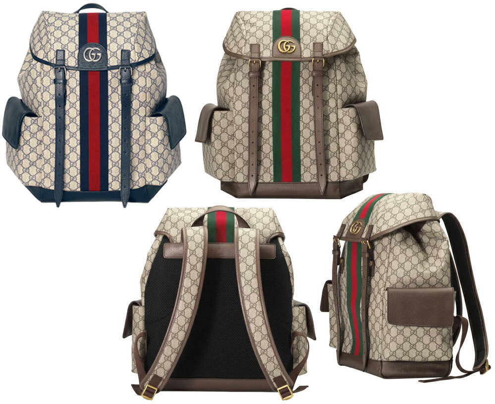 GUCCI グッチリュックサック ベージュ×ブラウン ネイビーテキスチャードレザートリムオフィディア GGスプリームキャンバスWサイドポケット ダブルGロゴウェブストライプグリーン×レッドウェブラインバックパック デイバック8564BRHUHAN4079NV