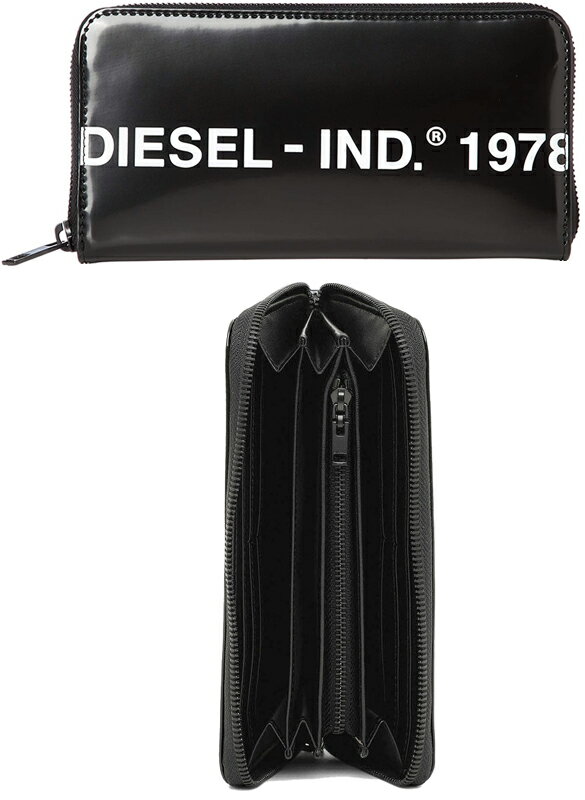 ディーゼル 長財布（メンズ） DIESEL ディーゼル小銭入れ付きラウンドファスナー長財布ブラックススムースカーフレザーホワイトコピーライトロゴDIESEL-IND.1978ラウンドジップウォレット 長札ROUND 24ZIP LONG WALLET