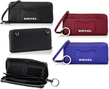 DIESEL ディーゼル フロントポケットポーチショルダーウォレット小銭入れ付きラウンドファスナー長財布ブラックゴートレザー メタルロゴ ブルー ワインレッドラウンドジップウォレット 長札ROUND ALLIUM LONG WALLET