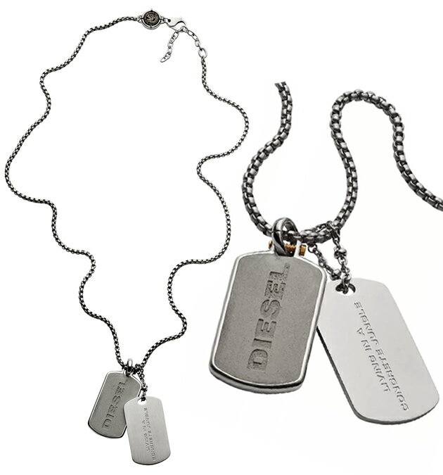 DIESEL ディーゼルグレイブロゴダブルドッグタグペンダントネックレスコンクリート製ロゴプレート WタグPENDANT NECKLACE 00DJWLIVING IN A CONCRETE JUNGLEステンレススチールアクセサリー メンズ レディース