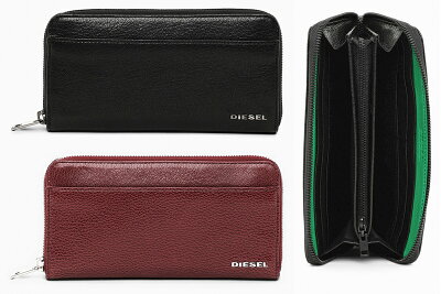 DIESEL ラウンド フロントスライドポケット小銭入れ付きラウンドファスナー長財布 長札ディーゼル ファスナーコインケース付き長財布ブラック ワインレッドメタルロゴ シープレザーインサイドカラーブロックレザーグリーン レッドTHESTARTER WALLET