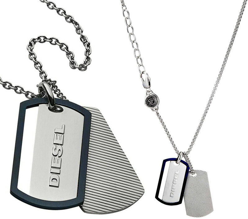 ディーゼル ネックレス（レディース） DIESEL ペンダントネックレスディーゼル ダブルドッグタグネックレスWDOGTAG ダークブルーグレームトツロゴトップ グレイブストライプアクセサリー メンズ レディースBARAVEMAN PENDANT NECKLACE