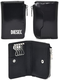 ディーゼル 定期入れ メンズ DIESEL ディーゼルL字ファスナー小銭入れ付きキーホルダーチェーンキーリング付きコインケースパスケース付き4連キーケースブラックコーティングカーフレザーホワイトロゴ KEYCASE HOULDER 財布