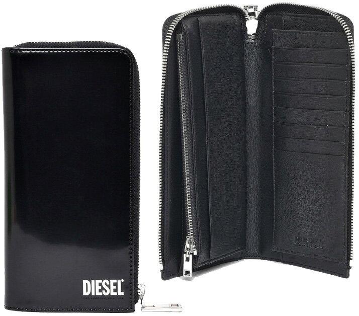 ディーゼル 財布（メンズ） DIESEL ディーゼル小銭入れ付きL字ファスナー長財布ブラックコーティングカーフレザーホワイトロゴ L-24ZIPLONGWALLET