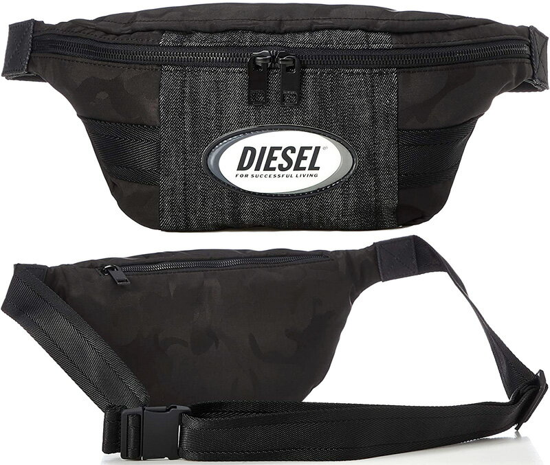 DIESEL ディーゼル ボディーバッグ ブラックホワイトオーバルメタルロゴプレートダークグレーデニム×カモフラージュヒップバッグ ワンショルダーバッグ何かと便利な背面ファスナーカバン バック 鞄 甲羅鞄ボディバッグ 迷彩柄デニム ウエストバッグ