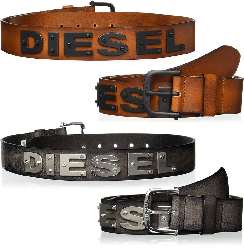 ディーゼル ベルト（メンズ） DIESEL ディーゼルメンズ レザーベルトレタリングデザインリベット打ちレターロゴ立体ロゴフレームピンバックルブラック×シルバー ブラウン×ブラック グレーシルバー ダークネイビーアッシュユーズド加工H1122BKH1509LBR BUCKLE LEATHER BELT