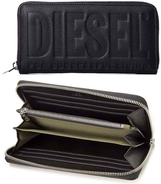 ディーゼル 長財布（メンズ） DIESEL ディーゼル 小銭入れ付きラウンドファスナー長財布オールオーバーエンボスロゴ ロゴ ブラックオレンジブラウン ブルーグリーン ラウンドジップロングウォレットジップウォレット 長札ROUND 24 ZIP LONG WALLET T2231ORT6106BLGN