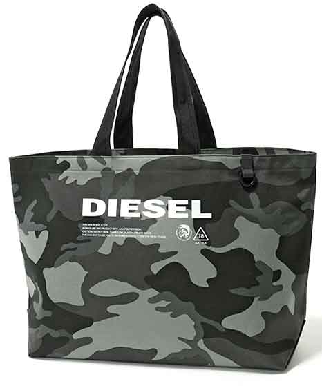 DIESEL ディーゼルショッピングトートバッグホワイトロゴ モヒカンプリント迷彩柄 カモフラージュオリーブグリーンオールシーズン使えるシンプルスタイルグレー ショルダーバッグ かばん 鞄 カバン SHOPPING TOTEBAG H5253GYCAMO PS536H3845GN