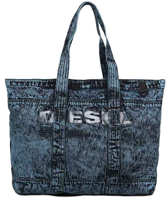 DIESEL ディーゼル トートバッグフロントブラックロゴ ショルダーバッグブリーチインディゴブルー ショッピングトート鞄 カバン かばん H6018DENIMBLWASHEW