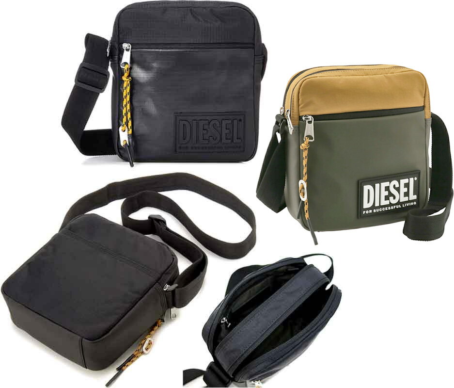 ディーゼル　ポシェット DIESEL ディーゼル ポシェット斜め掛けショルダーバッグ ブラック オリーブカーキTPUコーティングフロントファスナーポケットコーテッドファブリックブラック リップストップナイロンミックスマテリアルクロスボディバッグ バック 鞄 かばん