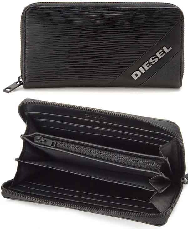 ディーゼル 財布（メンズ） DIESEL ディーゼル 小銭入れ付きラウンドファスナー長財布スラッシュガンメタブラックメタルロゴオールブラック型押しレザーラウンドジップロングウォレットテキスチャードレザー 型押し革T8013BK LONG ZIPWALLET