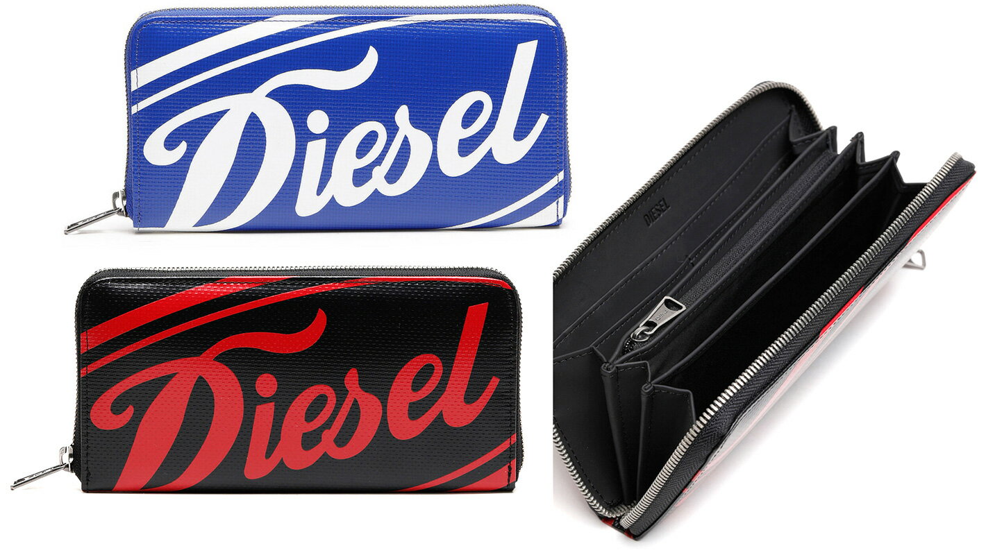 ディーゼル 長財布（メンズ） DIESEL ディーゼル ロゴプリント小銭入れ付きラウンドファスナー長財布ブラック×レッドロゴ ブルー×ホワイトロゴヴィヴィッドカラー クラシックヴィンテージロゴL字ファスナーコインケース サイフ さいふT8013BK24ZIPLONGWALLET