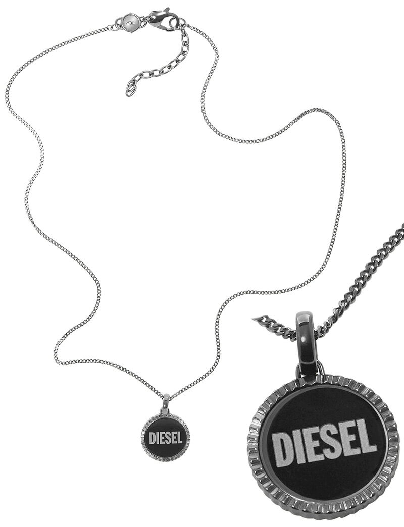 ディーゼル ネックレス（レディース） DIESEL ペンダントネックレスディーゼル ラウンドロゴブラックプレートガンメタシルバーDロゴプチドームボタンロゴアクセサリー メンズ レディース ロブスタークラスプ 男女兼用 PENDANT NECKLACE