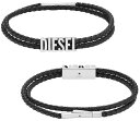 DIESEL ブレスレットディーゼル イントレチャートレザーブレス2連ブラックロープ レターシルバーロゴ編み込み黒牛革 アクセサリー 男女兼用メンズ レディースプッシュボタンクロージャーStainless Steel Link Bracelet