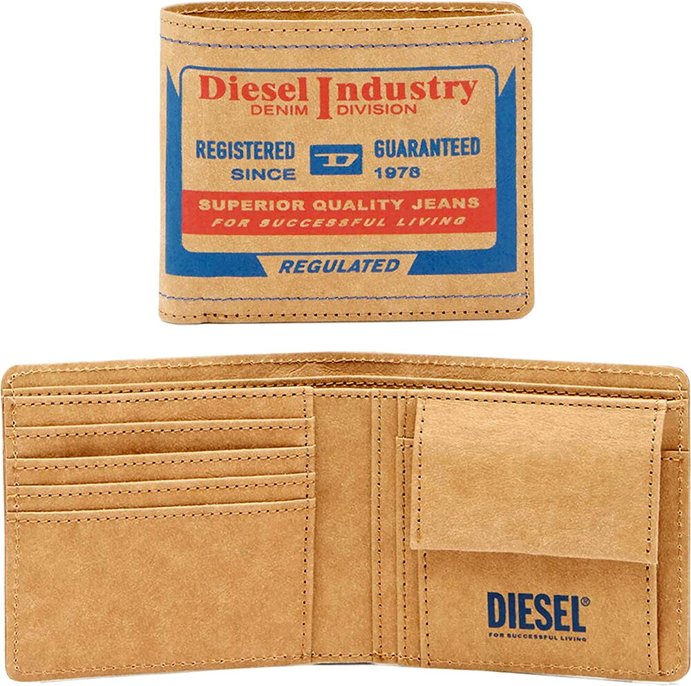 ディーゼル 財布（メンズ） DIESEL ディーゼル小銭入れ付き2つ折り財布グラフィックプリントロゴカラーコントラストステッチキャメルブラウン×ブルー二つ折り財布 インサイドロゴHIRESH SMALL WALLETペーパーウォレット さいふ サイフ 財布