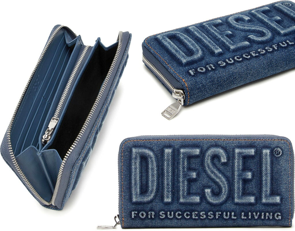 ディーゼル 長財布（メンズ） DIESEL ディーゼル小銭入れ付きラウンドファスナー長財布立体エンボスロゴ ウォッシュドデニムブルーコットンキャンバススチールブルー アッシュトツロゴジップウォレット さいふ サイフ 財布LONGZIPWALLET