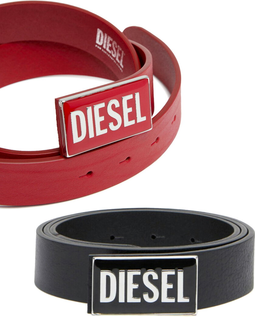 ディーゼル ベルト（レディース） DIESEL ディーゼルメンズ レディースカーフレザーベルトホワイトロゴバックルスクエアプレートカーフレザーレッド ブラックユニセックス COWLEATHER BELTシンプルながらもインパクトがありデニムスタイルやセットアップのアクセントとして活躍