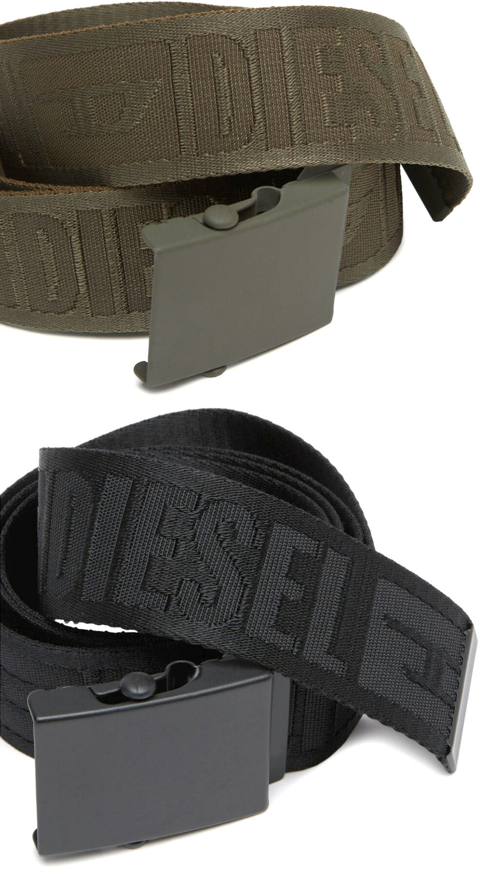 DIESEL ディーゼルメンズ レディース ユニセックススクエアマットバックルジャガードロゴ ブラック ブラウンカーキジャカードウェビングベルト ガチャベルト JACQUARDBELTスポーティビジュアルでデニムスタイルやスラックスのカジュアルダウンアイテム