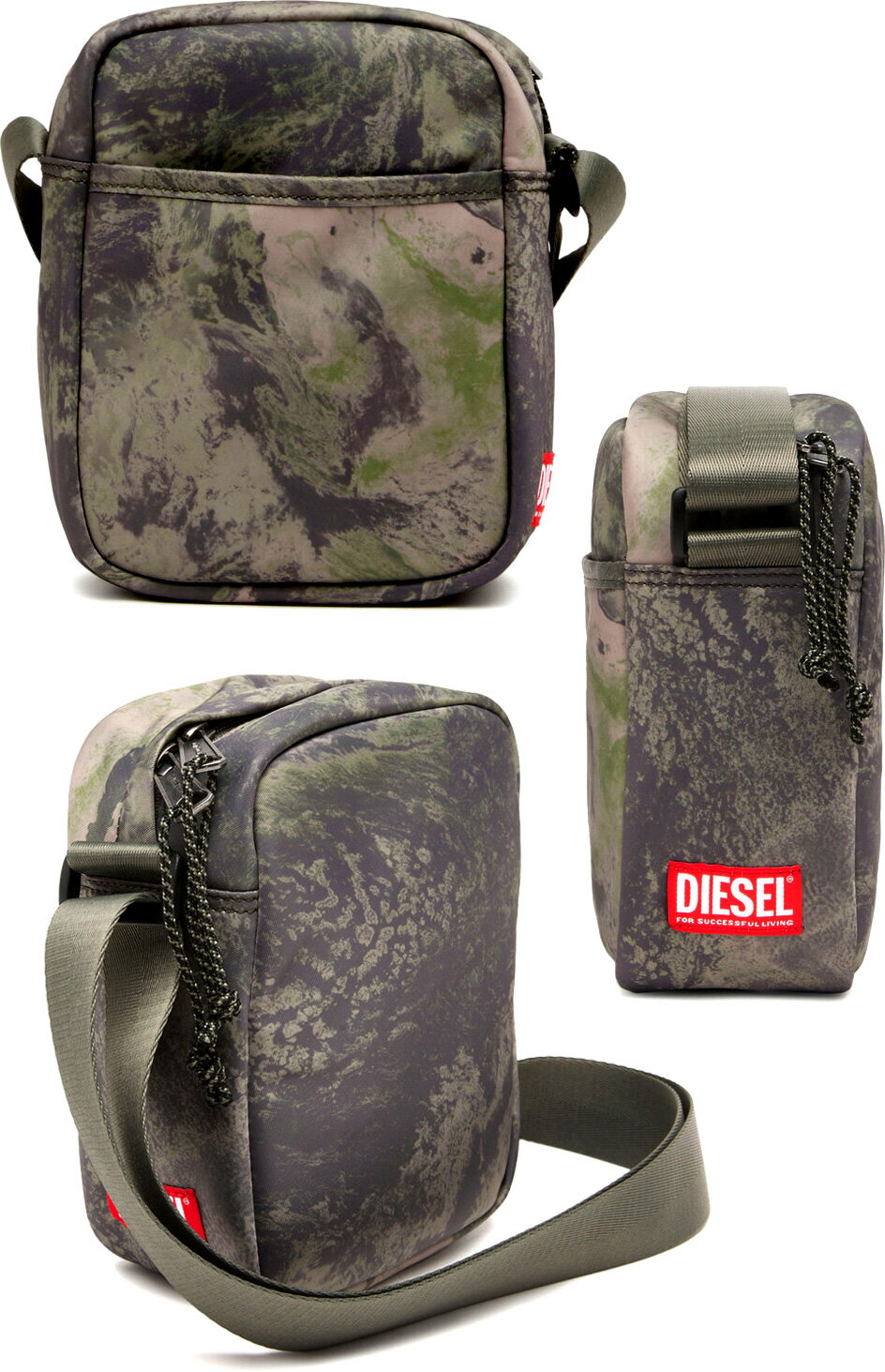 ディーゼル メッセンジャーバッグ メンズ DIESEL ディーゼル斜めがけショルダーバッグレッドジャカードラベルロゴカモフラージュグリーンプリントオープンポケット付きユニセックスクロスボディバッグライトグレー迷彩グリーン メッセンジャーバッグ ポシェット 鞄RAVET7459KHGN