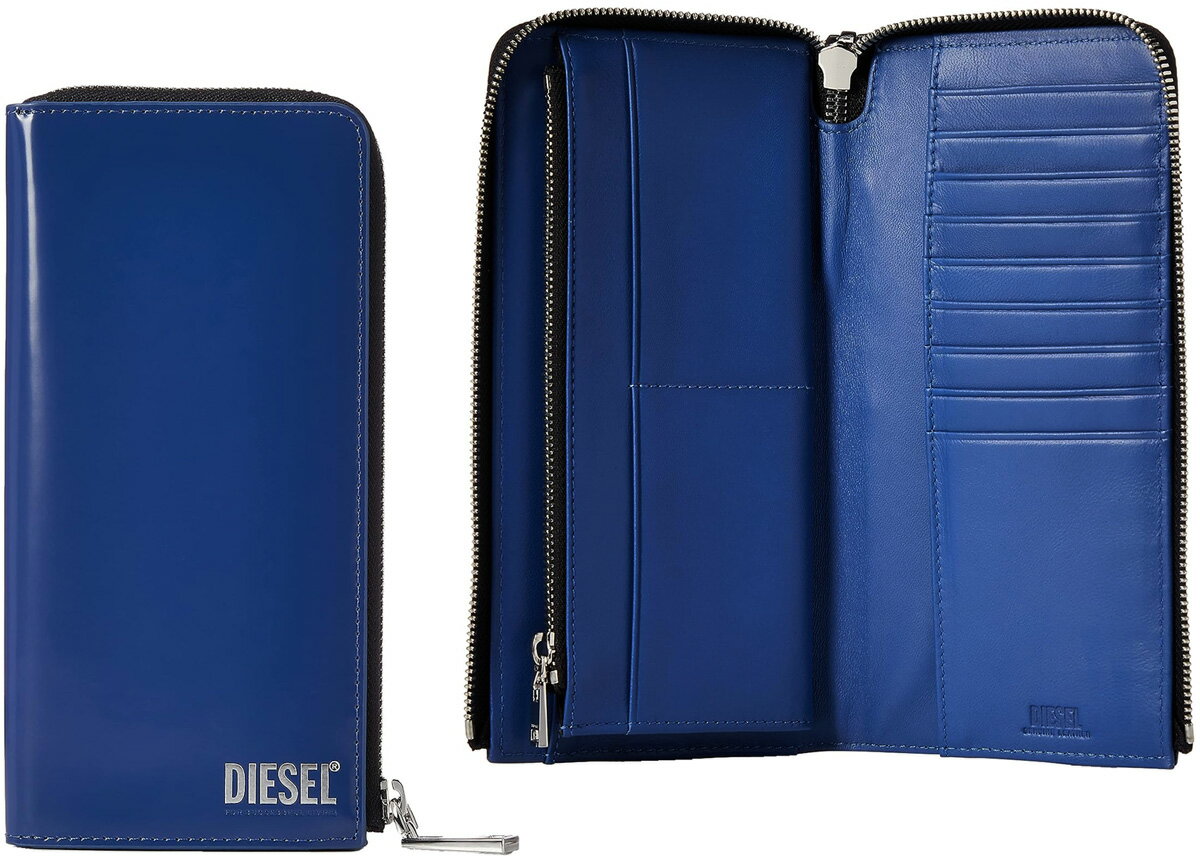 ディーゼル 長財布（メンズ） DIESEL ディーゼルメンズ 小銭入れ付きL字ファスナー長財布ダークブルー コーティングカーフレザーシルバーロゴブラック　立体縁取りブラックメタルロゴ2つ折りラウンドファスナーロングウォレット L-24ZIPLONGWALLET