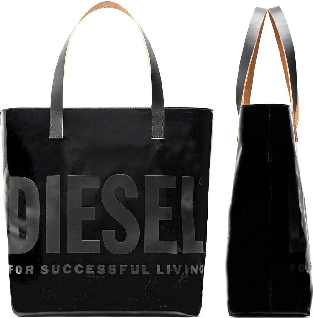 DIESEL ディーゼル トートバッグ レディース メンズトーンオントーンフロントビッグロゴA4サイズ収納可能 ワンショルダーバッグ 軽く丈夫で耐水性もあるブラックPVC素材かばん バック 鞄 カバン フロントロゴSHOULDER TOTE BAG PVC TRAPT8013BK