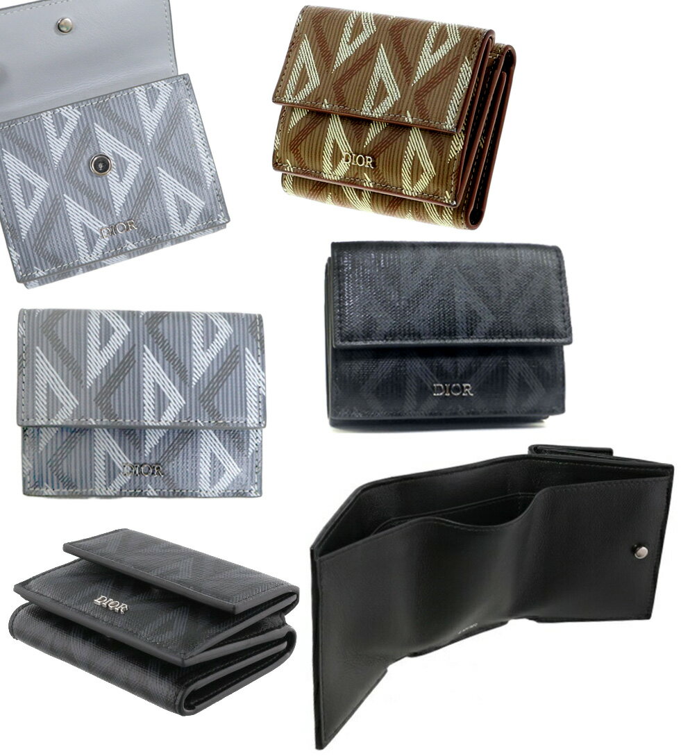 DIOR HOMME ディオールオム メンズイタリア製小銭入れ付き三つ折り財布ダイヤモンドパターンスムースカーフスキンレザールテニウムコーティングメタルロゴブラ...