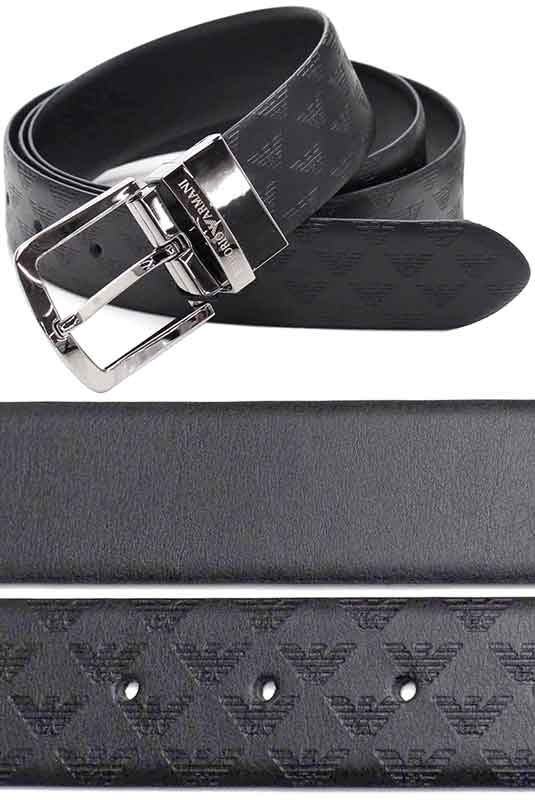 EMPORIO ARMANI メンズレザーベルトエンポリオアルマーニ ロゴ刻印ベルトループブラック×シルバー フリーサイズイーグルモノグラムカーフレザーピンバックル 88001BKBELT新品未使用 【中古】