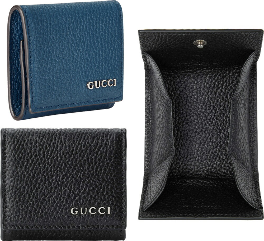 グッチ（GUCCI） GUCCI グッチ メンズ コインケース メタルロゴブラック ネイビー 型押しレザー ホック留め小銭入れシルバーGUCCIロゴ クラシックレザーモアレライニング スナップボタンクロージャーGUCCI LOGO COIN CASE 10004236NV