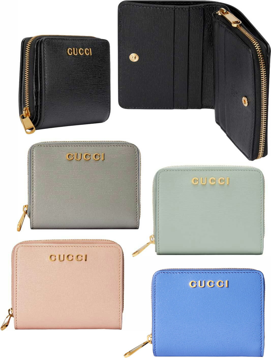 グッチ 革財布 レディース GUCCI グッチ レディース小銭入れ付きラウンドファスナー二つ折り財布ゴールドメタルロゴ ブラック グレー ペールグリーン ライトピンクミニウォレット レザーウォレット サイフスクリプトロゴ タフタライニングSCRIPT 10001440GY3401PGN5909PK