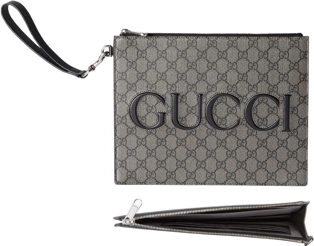 セカンドバッグ GUCCI グッチ セカンドバッグストラップ付きメンズセカンドポーチブラックインレイロゴダークグレー×ブラックGGスプリームキャンバスレザートリム手提げ鞄 鞄 カバン かばん取り外し可能リストストラップPOUCHSTRAP1249GY スリムポーチ