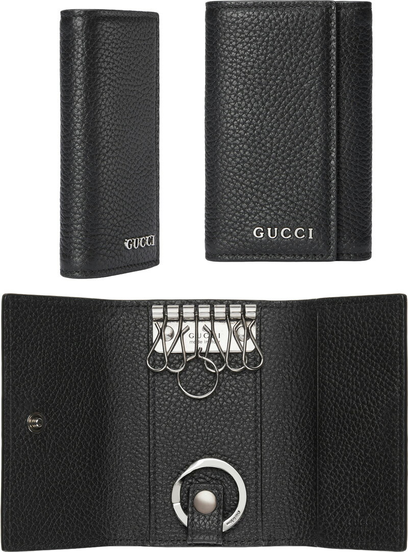 グッチ（GUCCI） GUCCI グッチ メンズ レディースキーリング付き6連キーケースメタルロゴ カードケース付きキーホルダークラシック型押しブラックレザーモアレライニング スナップクロージャー キーフックKEYHOULDER1000BK