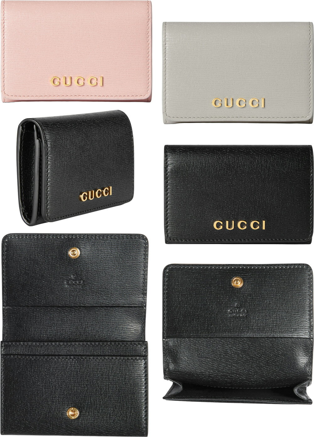 グッチ 名刺入れ（メンズ） GUCCI グッチ メンズ レディースゴールドスクリプトメタルロゴ フラップ付き名刺入れカードケース ブラック ライトピンク ライトグレー レザーカードタフタ ライニング LEATHERCARDCASE 10001440GY5909PK