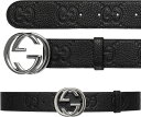 GUCCI グッチメンズレザーベルト ブラックインターロッキングGバックル ワイドベルトエンボスジャンボ GGレザーシルバーGGプレートバックルGGアイコン型押...