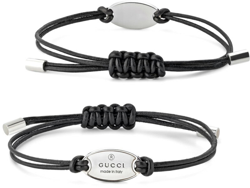 グッチのブレスレット（レディース） GUCCI グッチ メンズ レディースロゴ刻印オーバルタグ トレードマークブラックレザーブレスレット 革コードスターリングシルバーエングレービングロゴタグLEATHER BRACELET TRADEMARK CORD TAG 8140BK