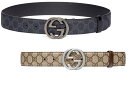 GUCCI グッチ メンズシルバーインターロッキングGロゴバックルベージュ×ダークブラウンGGスプリームキャンバスブラックカーフレザーベルト スーツやカジュアル...