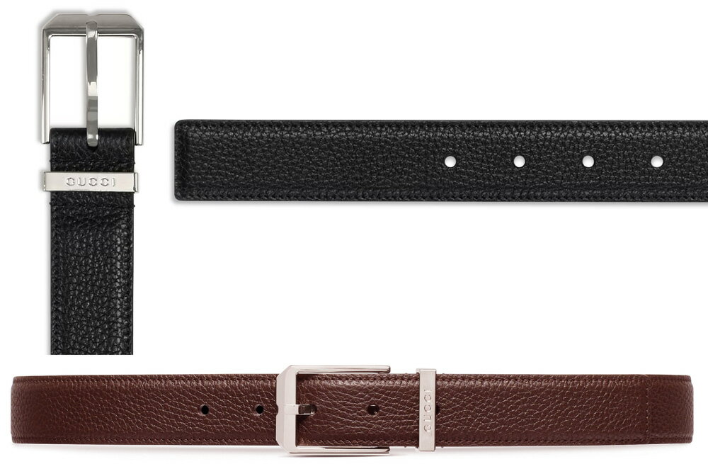 GUCCI グッチ メンズグレインレザーベルトスクエアインターロッキングGバックルシルバーロゴ刻印ベルトループ型押しブラック ダークブラウンレザーエングレービングロゴレクタンギュラーバックル 1000BK2117DBR