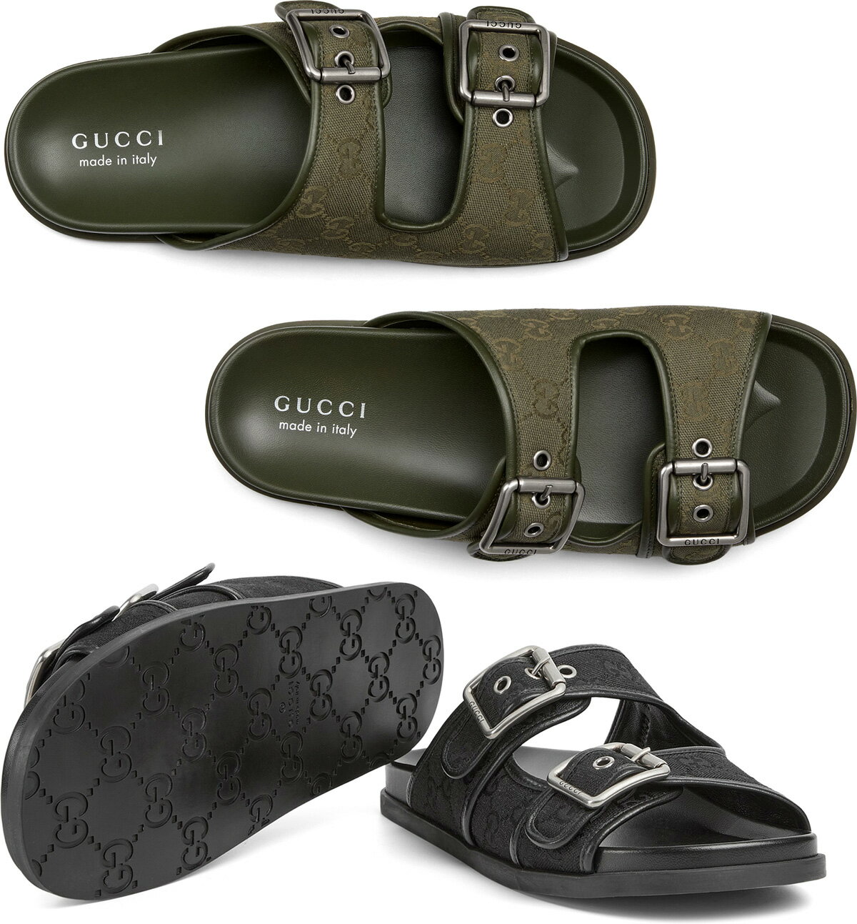 GUCCI グッチ メンズWバックル付きサンダルGGキャンバス ブラック オリーブグリーンレザーライニング G..